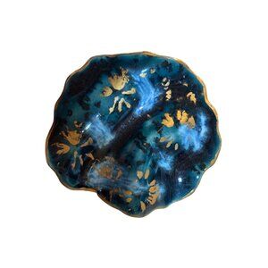 Handcrafted Ceramic Brooch Pin With Gold Leaf Accents & Artistic Blue-Green Glaz